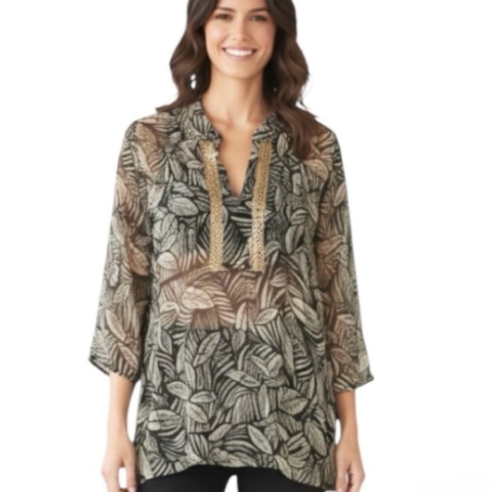NY Collection 100% Silk Sheer Tunic Top Gold Beaded Blouse Cover Up Size XL